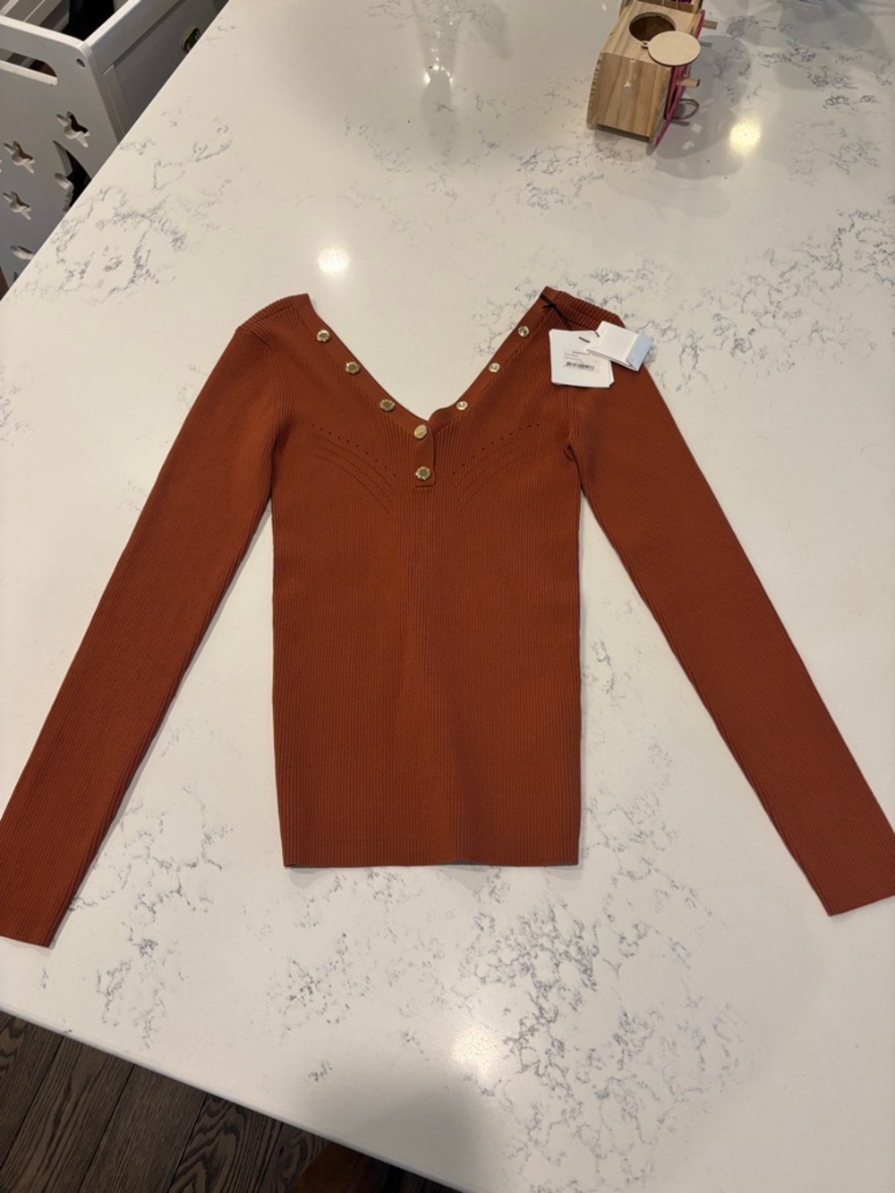 Sandro Rust Ribbed Long-Sleeve V-Neck Top with Gold Buttons 2